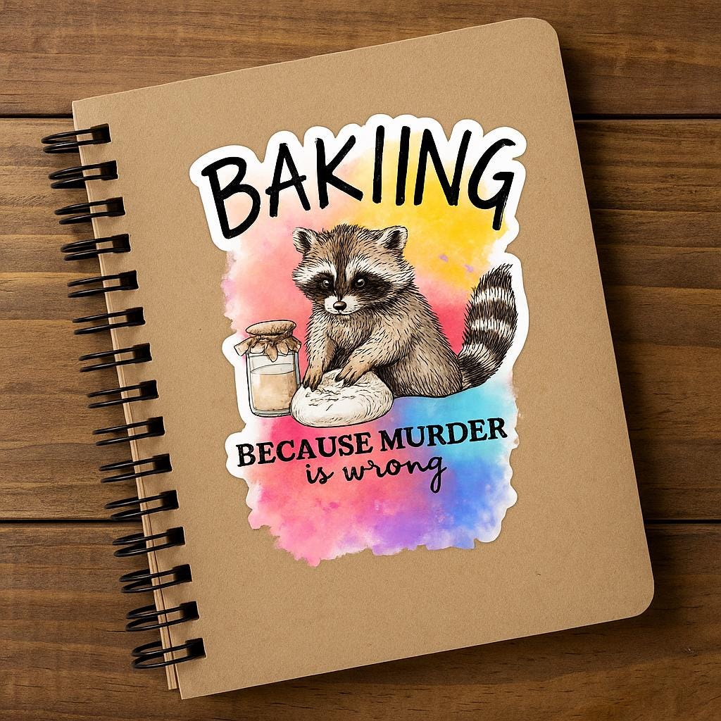 Baking Because Murder Is Wrong....Funny Racoon Sticker