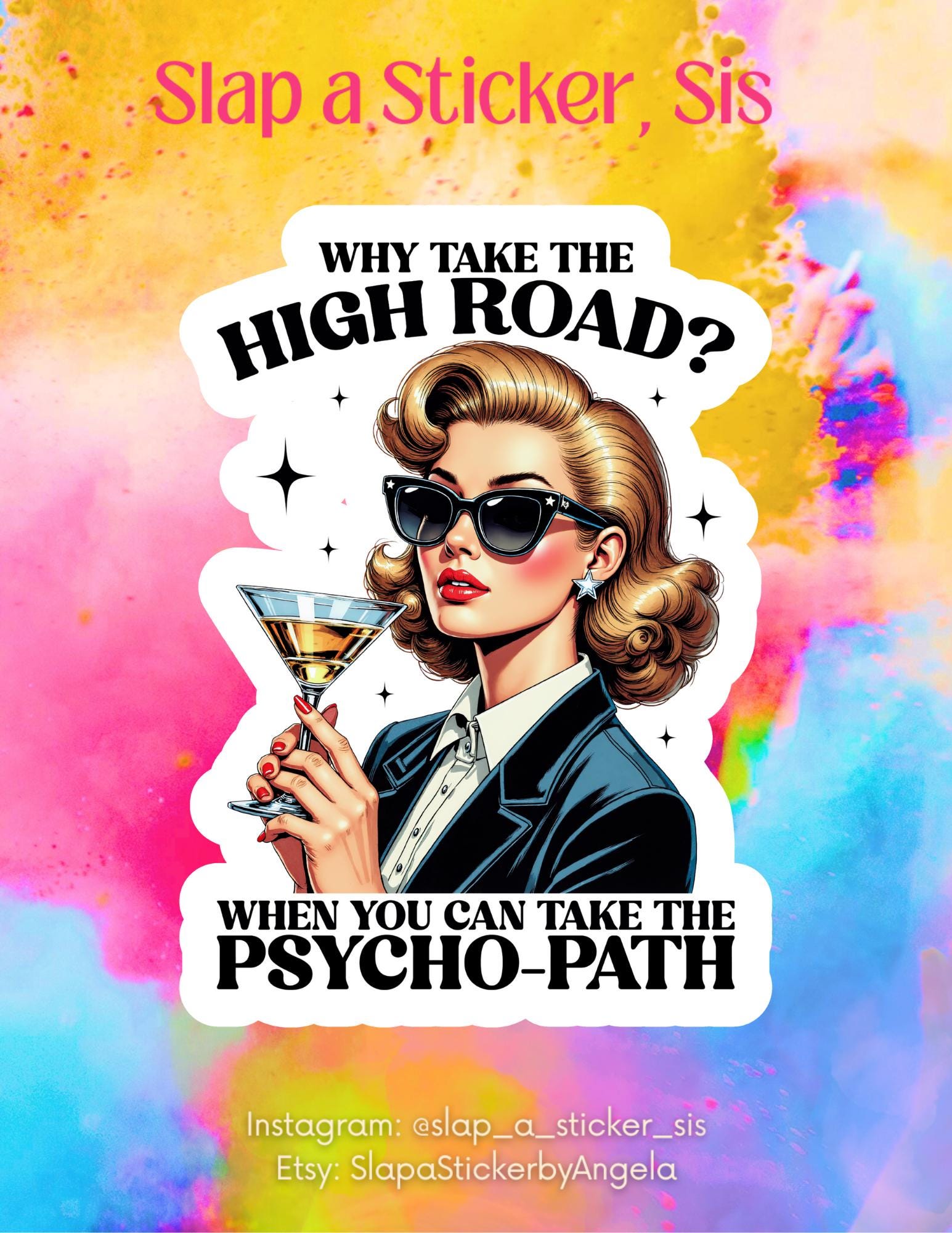 Funny Retro "Psycho-Path" Sticker - Glamorous Woman with Martini